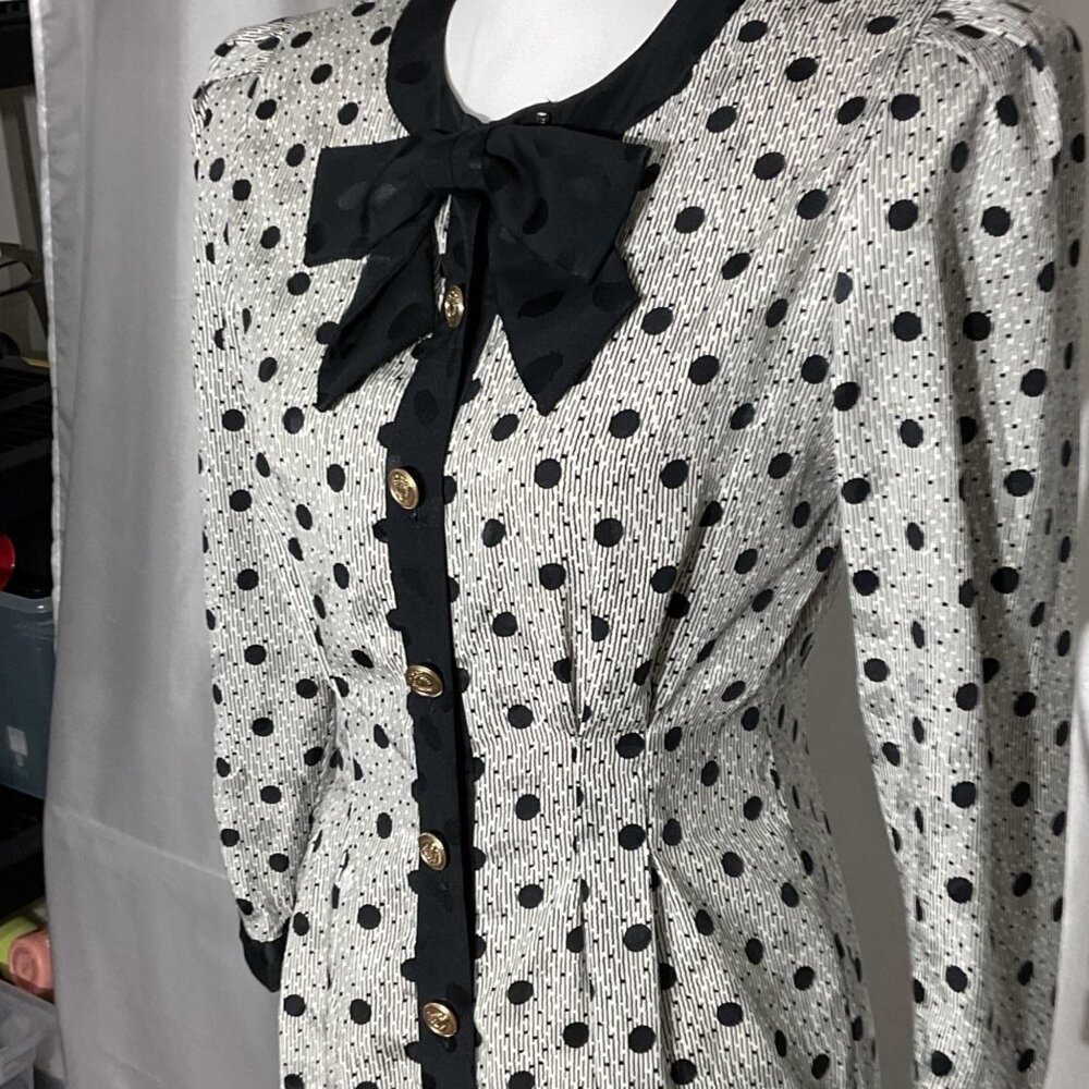Vintage-Inspired Black & White Polka Dot Midi Dress With Gold Buttons & Bow Deta - Picture 7 of 15